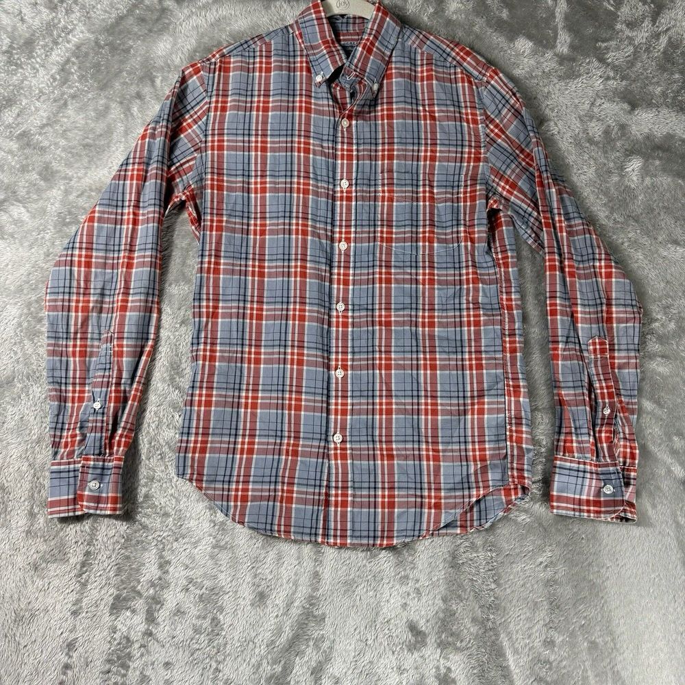 J CREW Plaid Shirt Mens Small Slim Red Blue Light Weight Chambray Fall Office